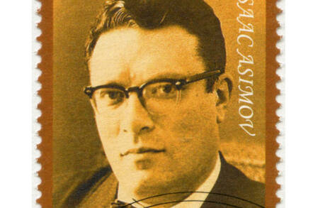 stamp featuring isaac asimov - in a scifi stamp series produced by Djibouti