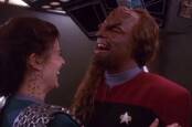 deep space nine: jadzia and worf laughing 