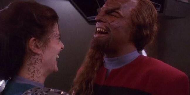 deep space nine: jadzia and worf laughing