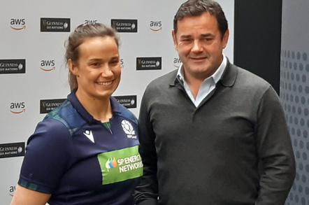 Will Carling (right) with Scotland's Women's Rugby captain, Rachel Malcolm - a forward who led Scotland's 2018 Six Nations campaign against England. Pic: Gareth Corfield