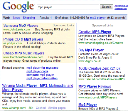 Google 2008: ads and search results confusingly munged together