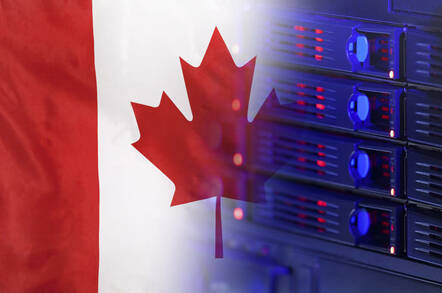 Canadian flag merging into a rack of servers