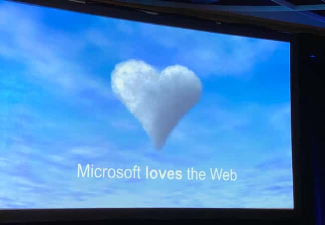 A slide at Enigma 2020 saying Microsoft loves the Web;