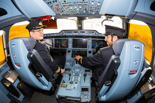 Qatar Airways pilots at work in an A350