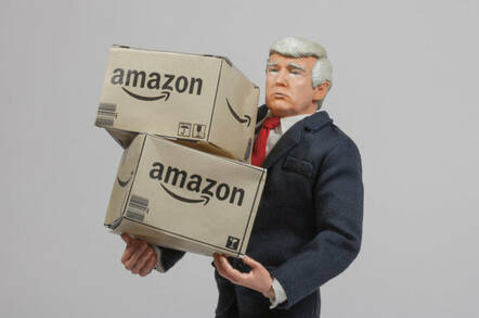 A model of Donald Trump carrying Amazon boxes