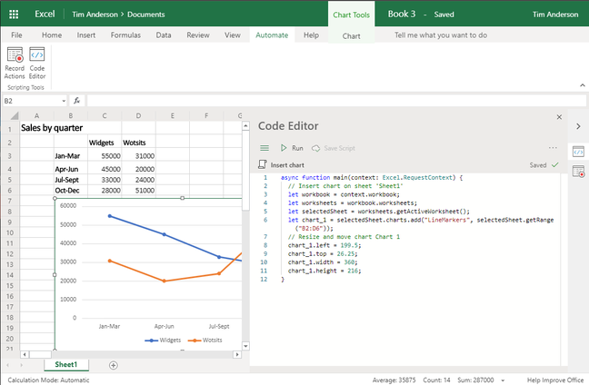 A simple Office script in Excel for the web