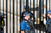 Police men and security guards with automatic weapons guns stand talking in London's Westminster (seat of UK government). Pic: Kristi Blokhin/shutterstock