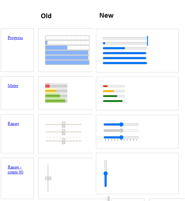 Some of the refreshed form controls in Chromium, showing old and new