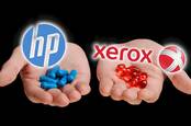 HP and Xerox logos over a hand holding out a blue and red pill