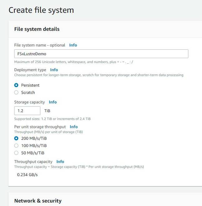 Creating a Lustre file system in the AWS console