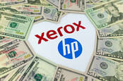 Xerox and HP Inc logos in a heart shape made of money