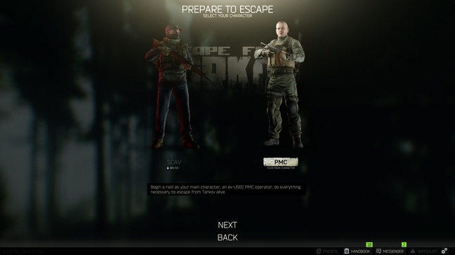 Before entering a raid, it's a choice between scav and PMC. Note that the scav is on cooldown and can only be used once the timer is up