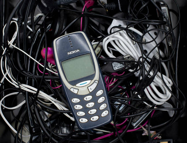 A Nokia phone in a bunch of cables