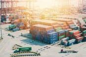 shipping containers in a port in Shenzhen, China - early morning