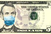 A five dollar note with a mask over Lincoln's face