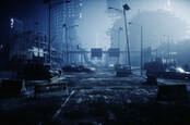 A post-apocalyptic scene of a city in ruins