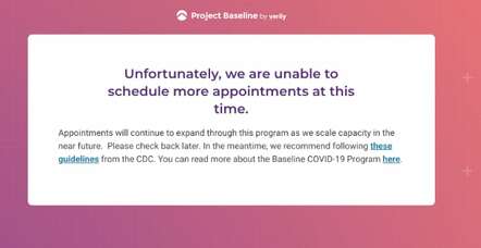 Verily website message saying there are no appointments