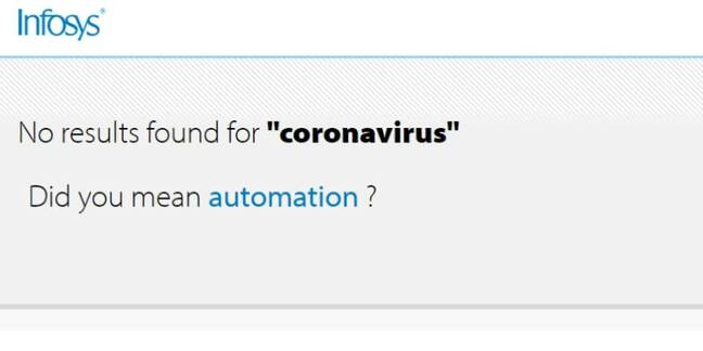 Screenshot of search results for Coronavirus at infosys.com, March 24th 2020