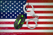 Illustration of US flag, handcuffs, a computer mouse and code