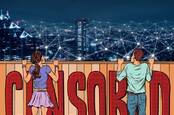 An illustration of two young people looking over a fence on the Internet, with the word 