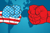 Two cartoon fists representing US and China facing each other