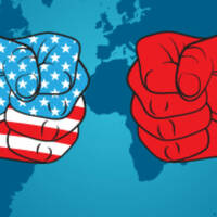 Two cartoon fists representing US and China facing each other