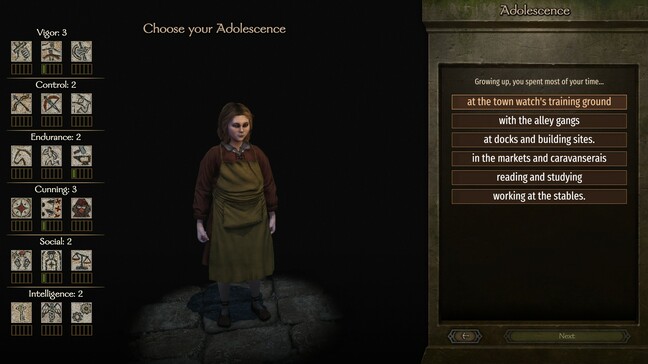 Character creation is reminiscent of Warband's, though you can see the effects of each choice