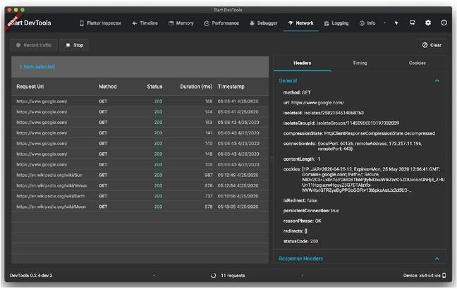 Network traffic inspector in new Dart dev tools