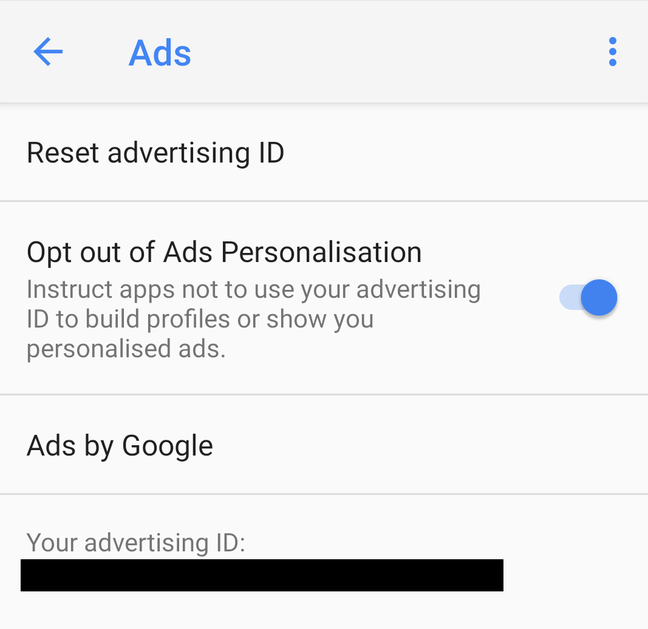The settings for the Google advertising ID on an Android mobile