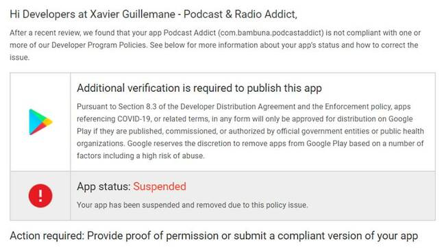 Google's notification to Podcast Addict, posted on Facebook by the developer