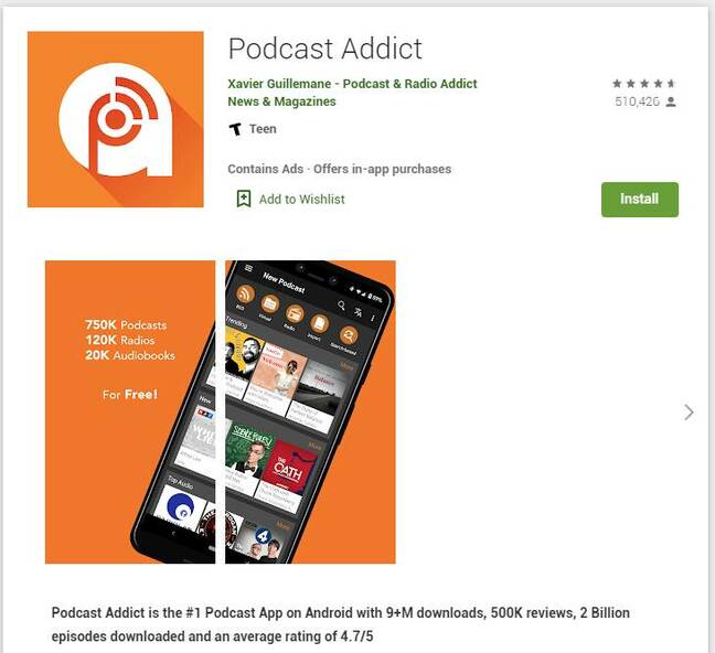 Podcast Addict on the Play Store: this page currently returns 'Not found'