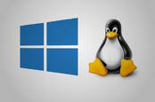 Microsoft Windows and 'Tux' Linux logos next to each