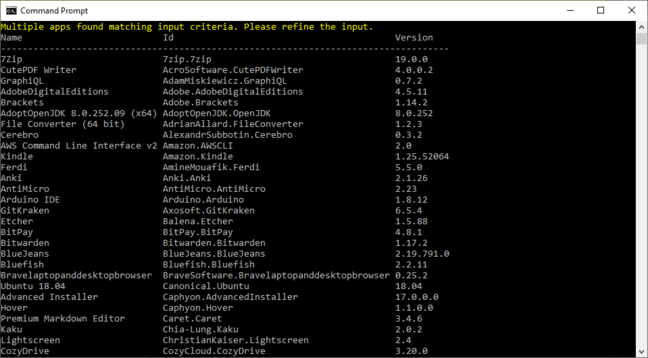 Some of the packages available in the Windows Package Manager