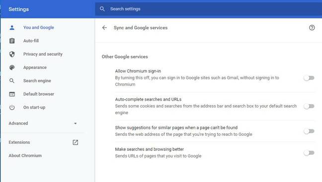 Off by default: Google services in ungoogled-chromium