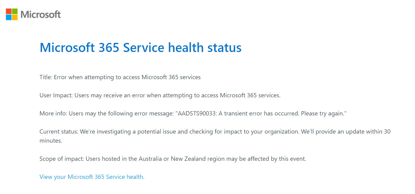 Microsoft 365 and Azure outage struck Australia and New Zealand just as