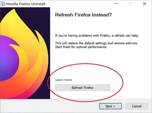 The uninstaller includes a Refresh option in case users are trying to fix a problem. Why not put this in Firefox itself? Because if truly borked, it might not open.