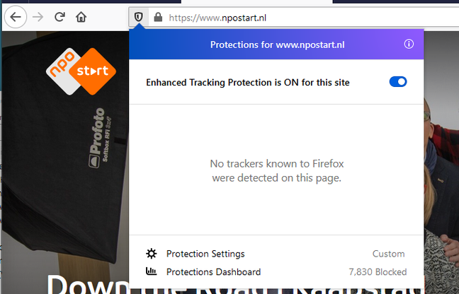 NPO's site gets a clean bill of health from Firefox tracking protection.