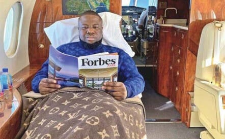 Ramon Olorunwa Abbas relaxing in a private jet