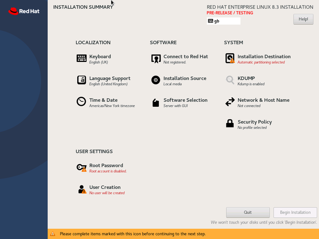 The RHEL 8.3 installer requires the admin to specify usernames and passwords before the installer touches the disk