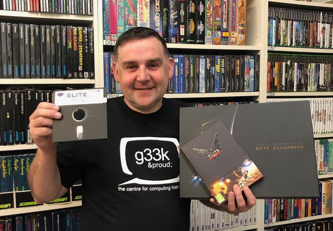 Jason Fitzpatrick with the Limited Edition backers edition of Elite Dangerous and an original 5.25" floppy disk from the early '80s