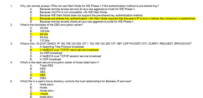 A screenshot of what appears to be a multiple choice exam with correct answers highlighted in yellow