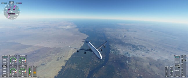 A Boeing 747 flying over the Nile Delta at about 28,000ft