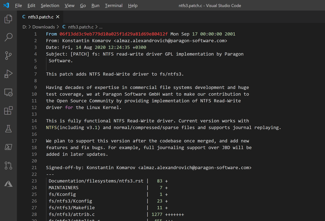 The proposed kernel patch is over 27,000 lines, too long for the normal kernel code review process