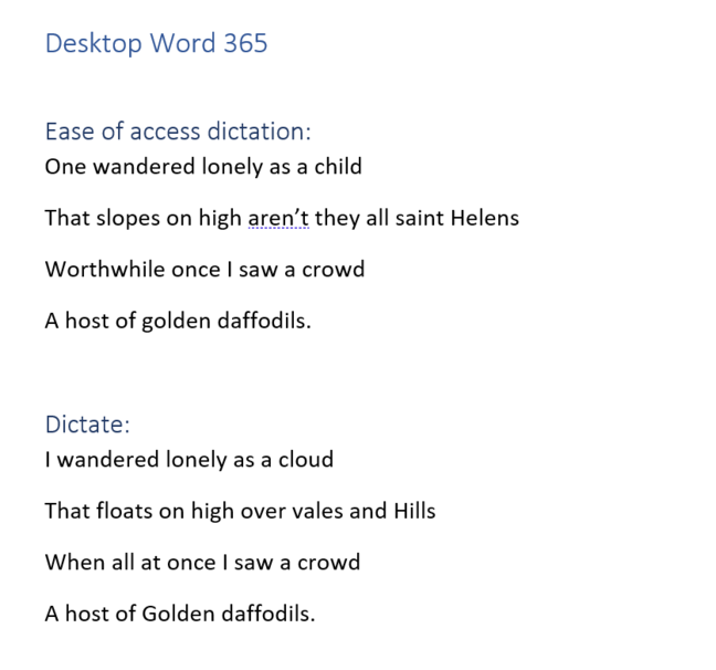 This document compares the Windows 10 built-in voice recognition with the cloud-based voice recognition used by Word's Dictate feature, as well as the new transcription service. An easy win for the cloud.