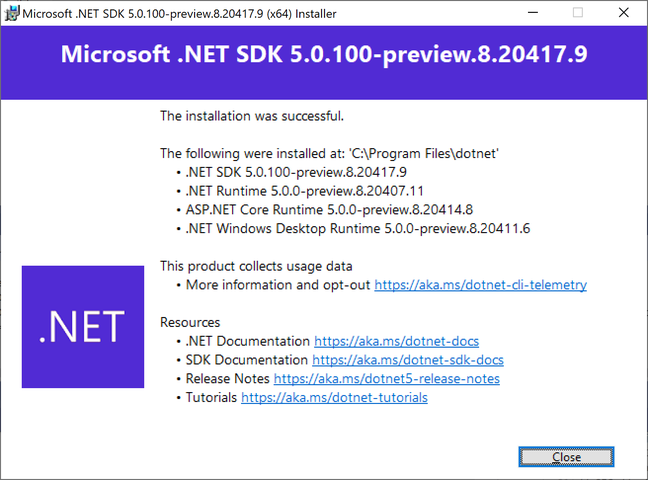 The .NET 5.0 SDK comes with the new desktop runtime and ASP.NET Core 5.0, as well as C# 9 and F# 5. And of course telemetry which is on by default