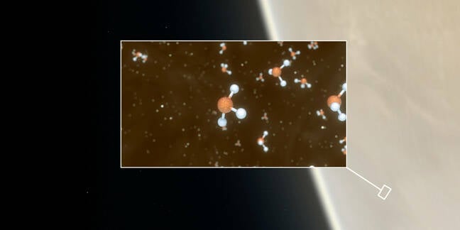 Artist's impression of Venus, with an inset showing a representation of the phosphine molecules detected in the high cloud decks: Credit ESO / M. Kornmesser / L. Calçada & NASA / JPL / Caltech