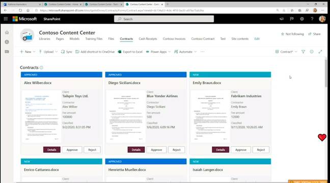 Syntex can drive document workflows such as approval after categorising documents though AI-powered analysis, presented in the Content Center