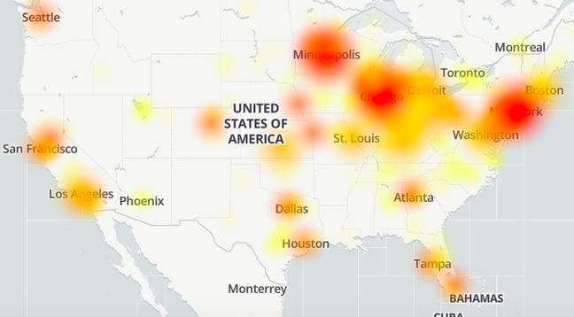 Heat map showing where people are complaining about O365 being down in the US