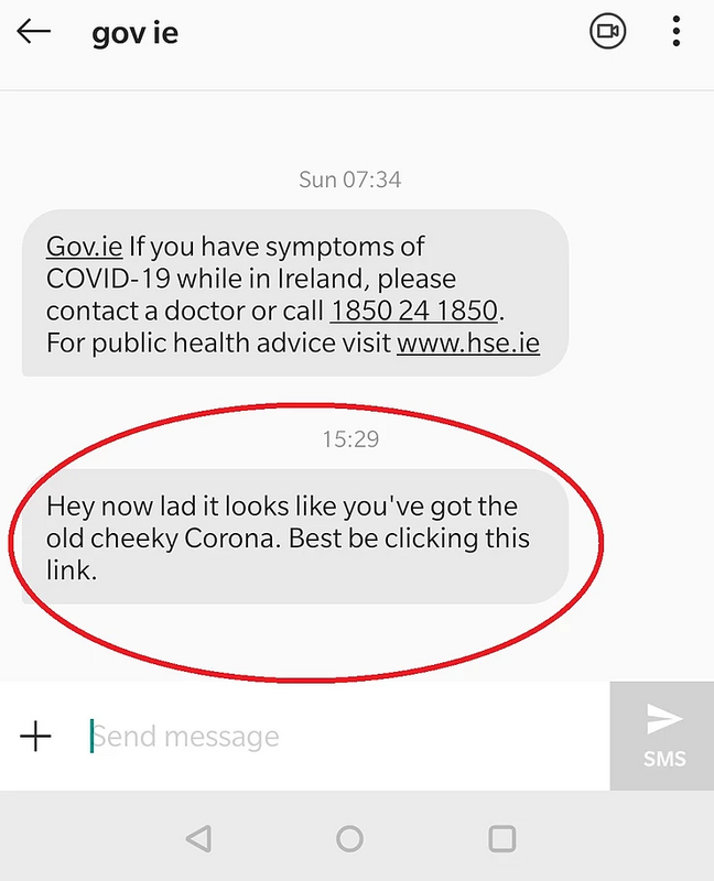 One of these two messages was sent by the Irish government though both appear to come from the same sender