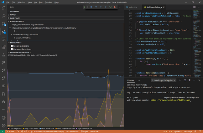 The enhanced VS Code Realtime Performance chart goes nuts trying to monitor the JetStream 2 browser torture test